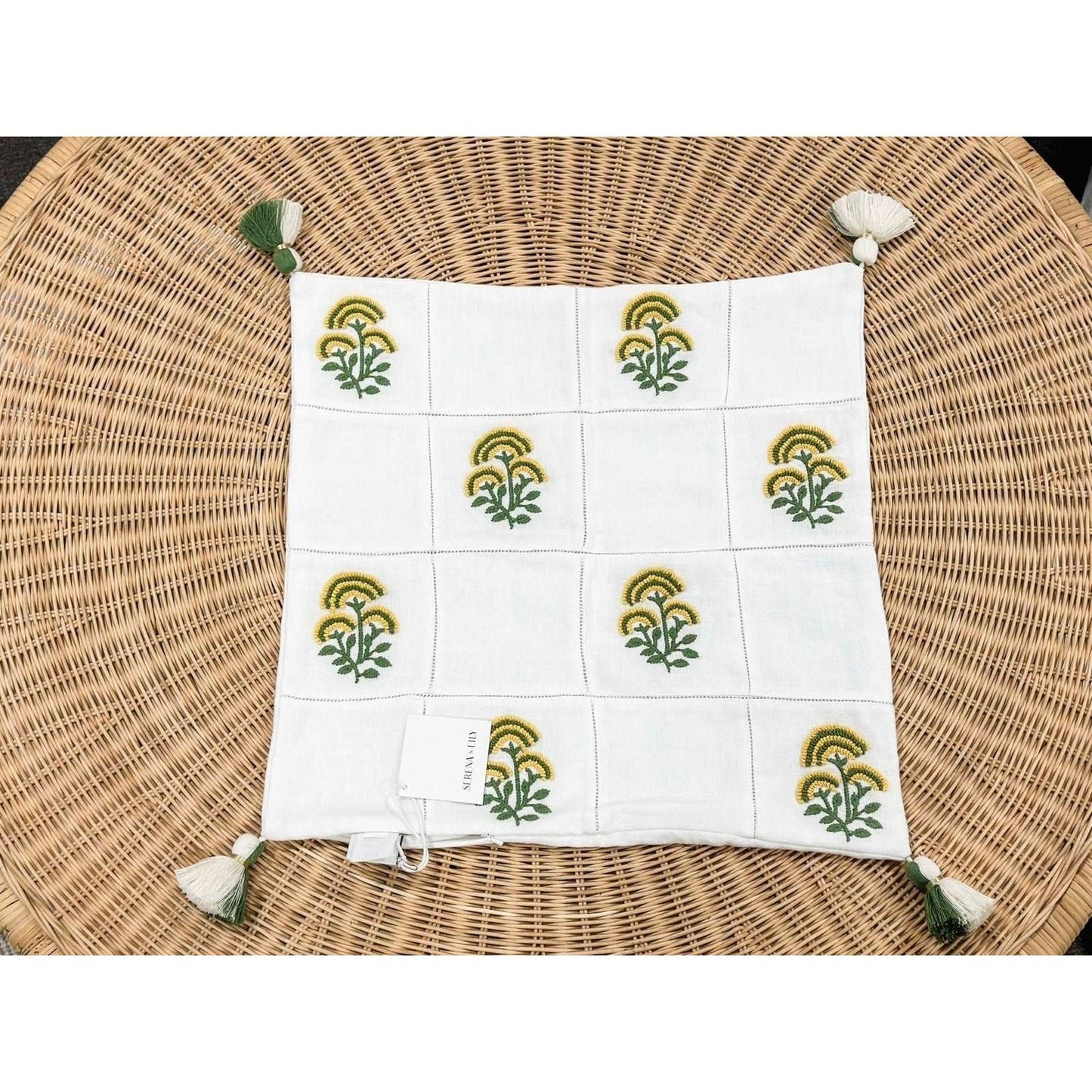 Cortina Embroidered Pillow Cover (20” SQ)-Moss/Sunflower - The Home Decor Outlet