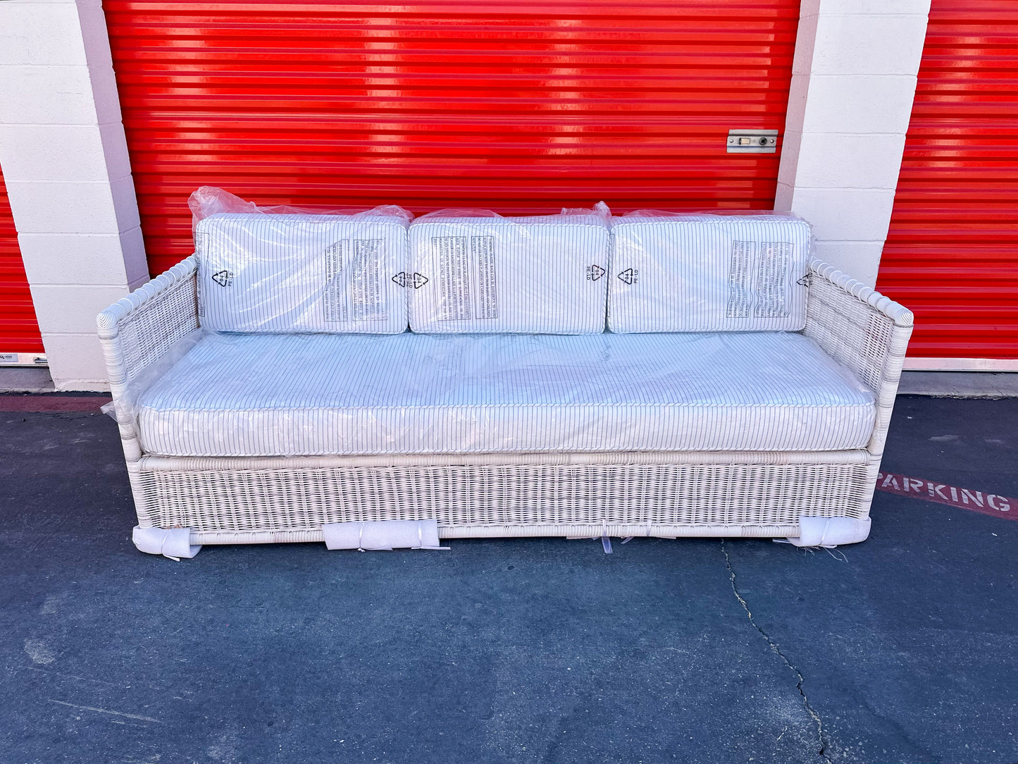 Pacifica Sofa (7’~ Perennials Pinstripe Coastal Blue Cushions)-Driftwood - The Home Decor Outlet
