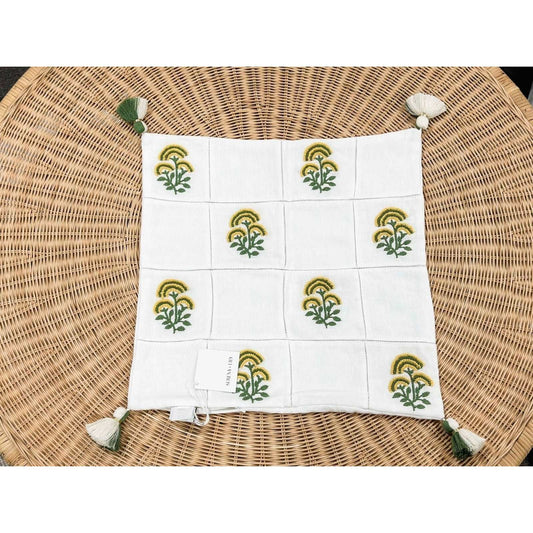 Cortina Embroidered Pillow Cover (20” SQ)-Moss/Sunflower - The Home Decor Outlet