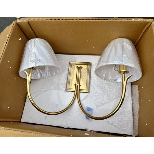 Calistoga Double Sconce (White Linen Shades)-Brass Gold